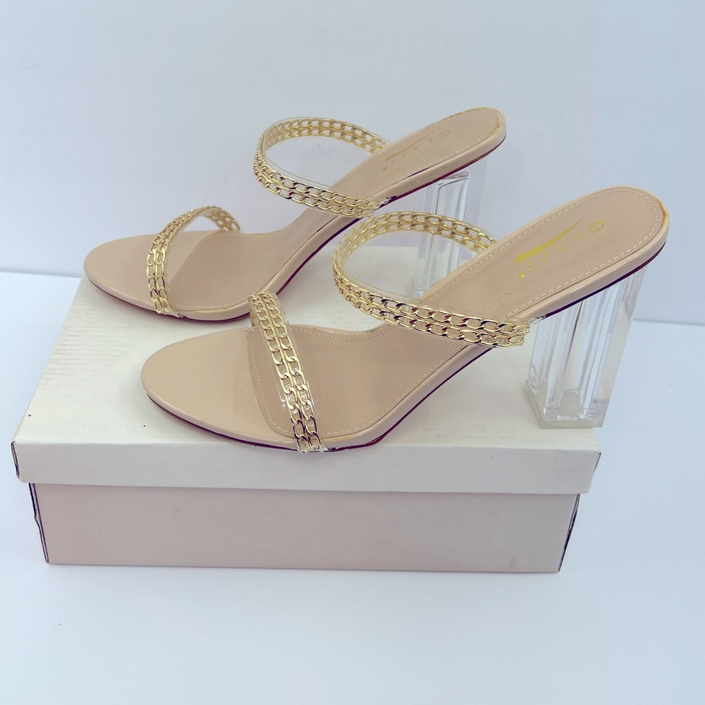 GLAZE GOLD CHAIN STRAPPY SANDALS, TAN SOLE ALL MAN-MADE MATRIAL, WOMEN’S SIZE 10